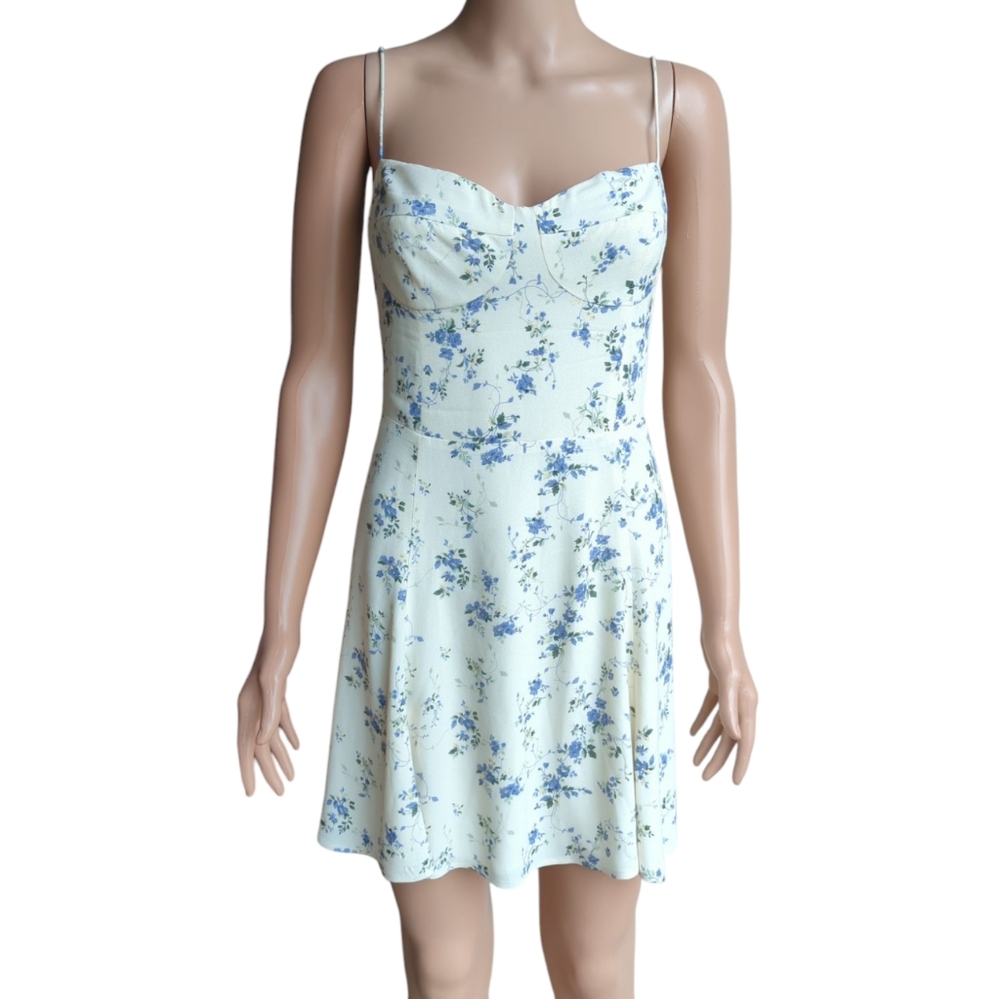 Reformation Saskia floral ivory dress Madeline print tie straps flare mini - Picture 3 of 12